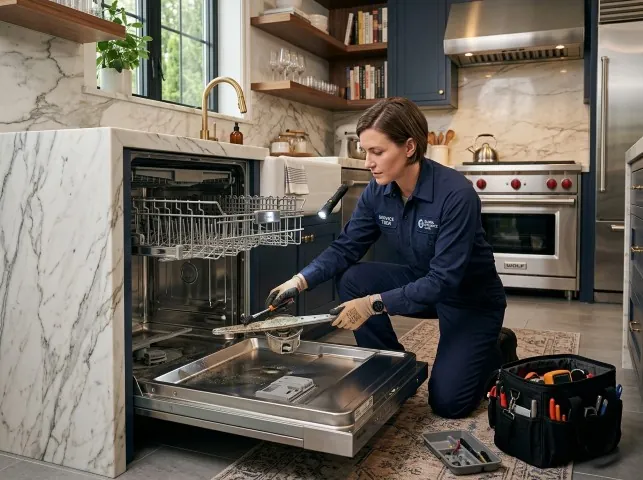 Appliance Repair Hero technician servicing a built-in dishwasher in a Brighton, TN kitchen