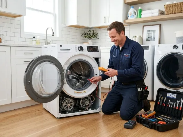 Appliance Repair Hero technician testing a front-load washer with a multimeter on a Brighton, TN service call